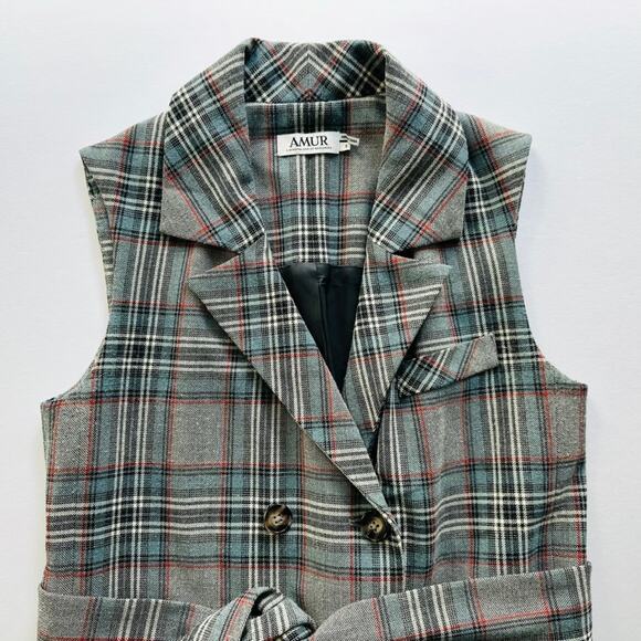 AMUR Dalton Vest Dress Size Small Grey Tartan Plaid Belted Convertible - Picture 3 of 13